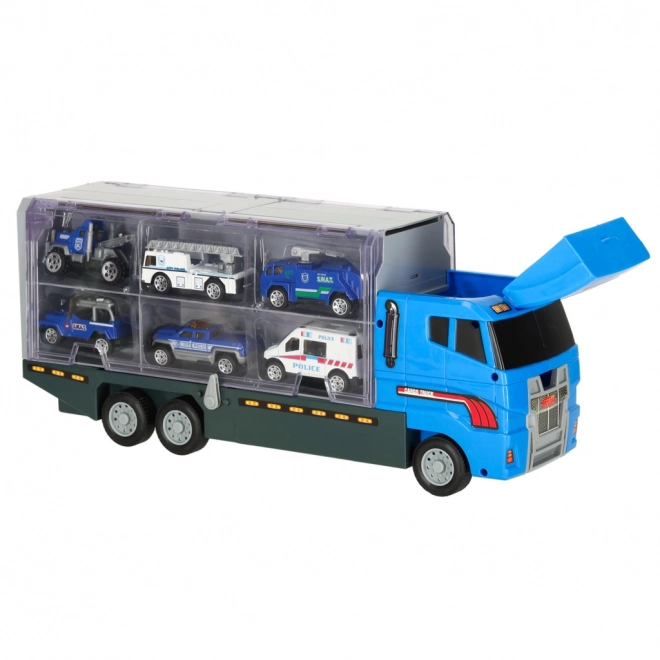 Transporter-LKW mit Abschussrampe und Polizeiautos