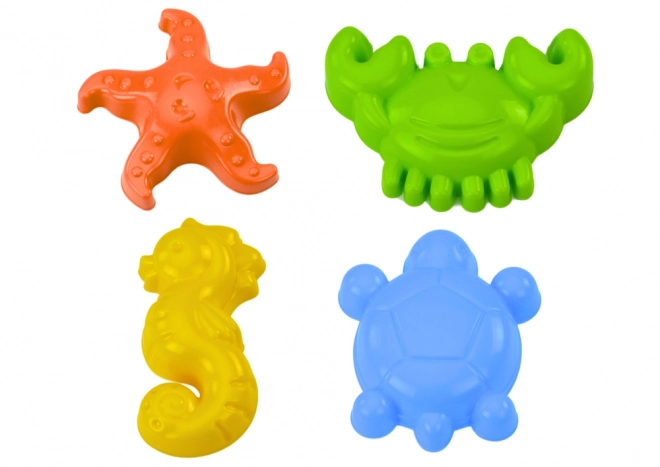Meerestiere Sandformen, Set 4 Stück: Krebs, Schildkröte, Seestern, Seepferdchen - gelb, grün