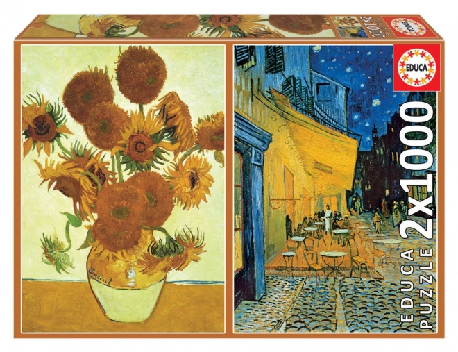 Puzzle Sonnenblumen und Caféterrasse bei Nacht 2x1000 Teile