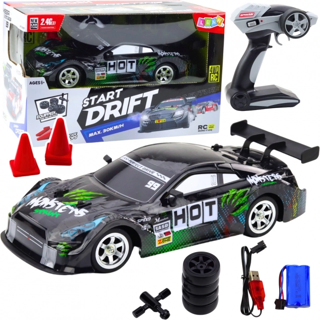 RC-Rennwagen für Drift schwarz-grün 30 km/h 1:16