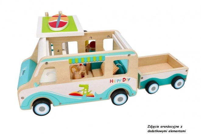 Holz-Wohnmobil mit Anhänger und Zubehör