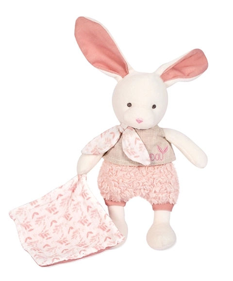 Doudou Geschenk-Set - Plüschhase Ecru mit rosa Bio-Baumwolldecke