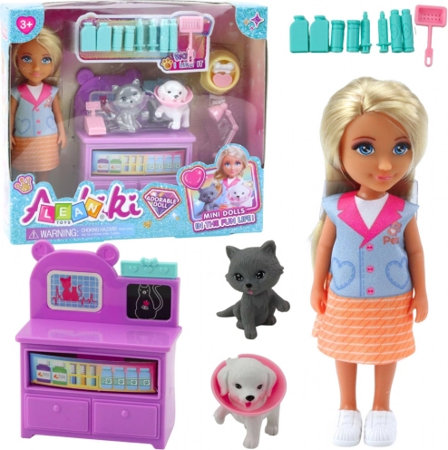 Mini-Puppe Tierarzt mit Tieren und Zubehör