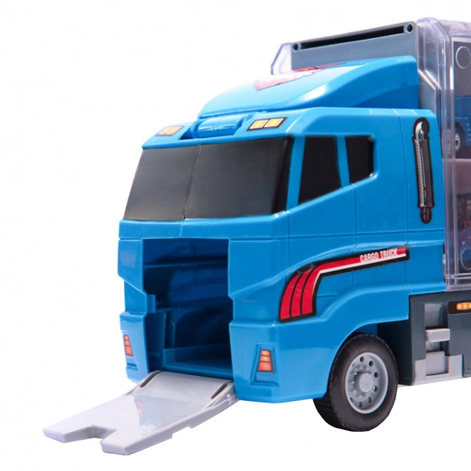 Transporter-LKW mit Abschussrampe und Polizeiautos