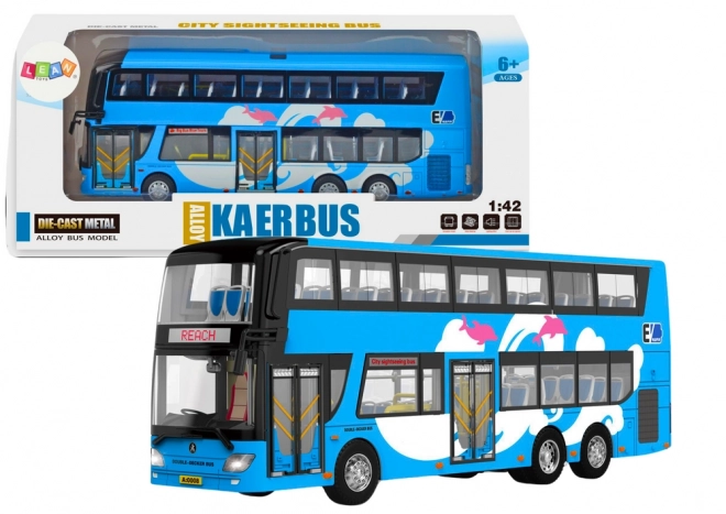 Blauer Doppeldecker-Reisebus 1:42 Metall mit Lichtern