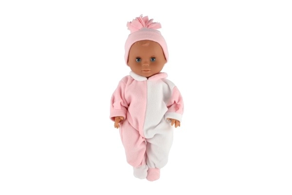 Süßes Hamiro-Baby mit festem Körper, weiß-rosa Overall und rosa Mütze