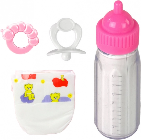 Set mit Zubehör für Puppen mit Flasche, Schnuller, Windel und Rassel