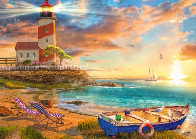 Puzzle Sonnenuntergang über der Bucht mit Leuchtturm 1000 Teile