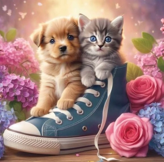 Diamantmalerei Hund mit Katze im Schuh 30x40 cm