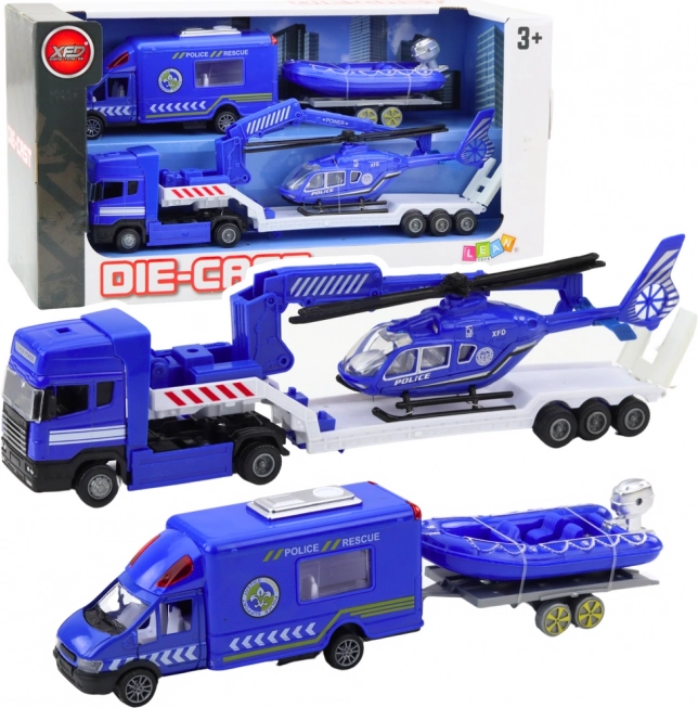 Rettungsfahrzeug-Set mit blauem Polizeihubschrauber
