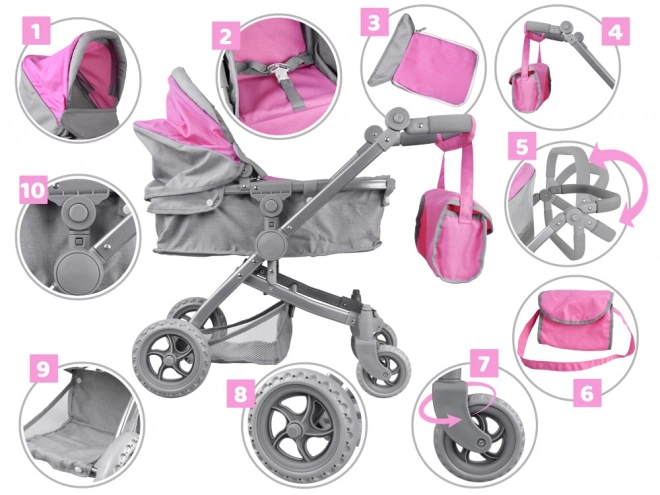 Multifunktionaler Puppenwagen 4-in-1 mit Wiege – rosa