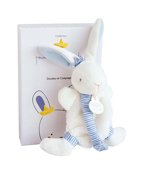 Doudou Geschenkset - Kuscheltier mit Schnullerhalter Hase 15 cm Blau