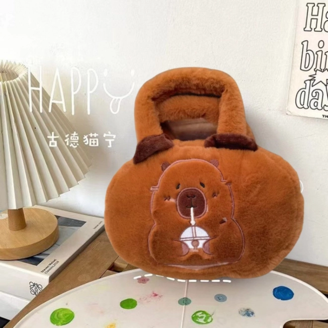 Plüsch-Tasche mit Wasserschwein und Becher braun 20 cm