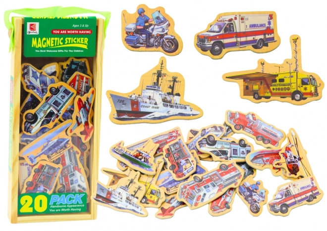 Holzmagnete mit Fahrzeugen, Schiffen und Flugzeugen, 20 Stück