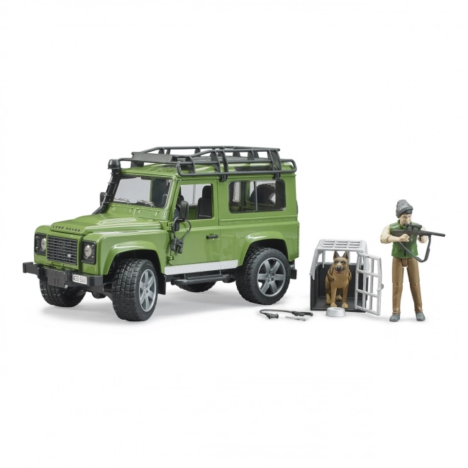 Bruder Land Rover Defender mit Jägerfigur, Hund und Zubehör