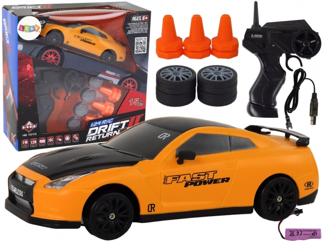 Ferngesteuerter Sportwagen R/C 1:24 mit austauschbaren Rädern – Gelb