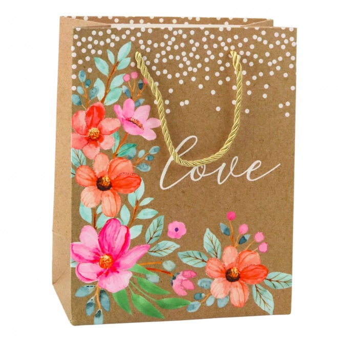 Geschenktasche mit Aufschrift Love und Blumen