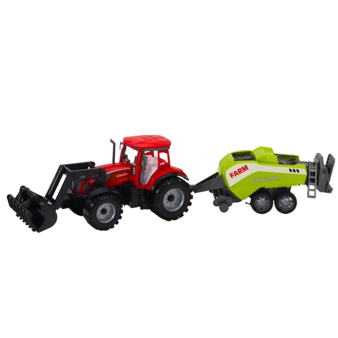Roter Traktor mit Frontlader und Ballenpresse