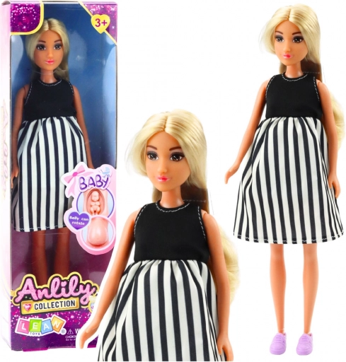 Puppe Anlily Schwanger in Schwarz-Weiß gestreiftem Kleid mit Baby