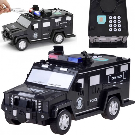 Kinder-Sparbüchse mit Passwort und Fingerabdruck – Polizeiauto – Schwarz