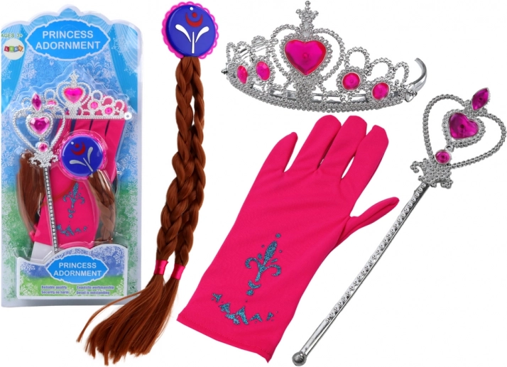 Zubehörset für kleine Prinzessinnen Zauberstab Handschuh Krone Zöpfe