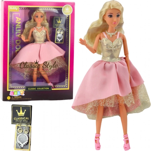 Puppe ANLILY in eleganten gold-rosafarbenen Ballkleidern mit Accessoires