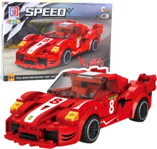2-in-1-Baukasten Rennwagen und Roboter mit Aufzieh-Pull-Back-Antrieb, 341 Teile – Rot