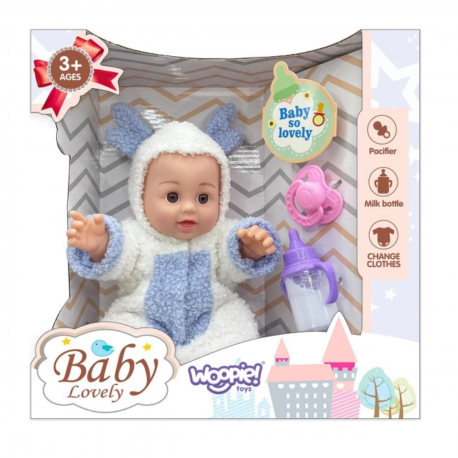 Woopie Babypuppe in Rentieroutfit mit Zubehör 28cm