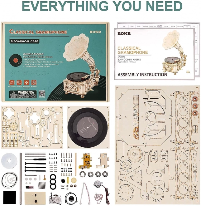Mechanisches 3D-Holzpuzzle Grammophon mit elektrischem Antrieb von RoboTime