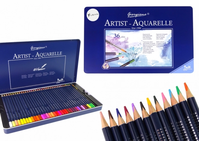 Set mit 36 Aquarellstiften im Metallbehälter