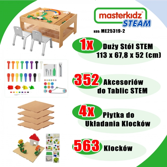 Masterkidz Holz Spieltisch mit Zubehör STEM Wall und 563 Bausteine