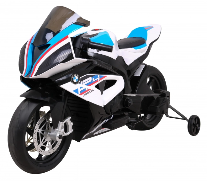 Kinder-Elektromotorrad BMW HP4 Weiß + Stützräder + sanfter Start + EVA + MP3 LED