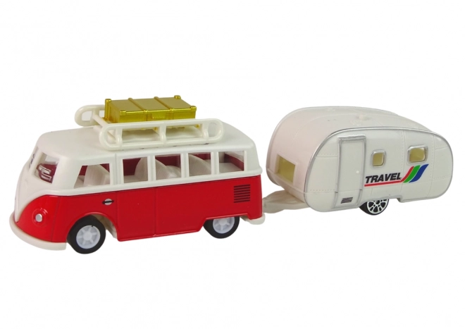 Roter Bus mit Wohnwagen Set