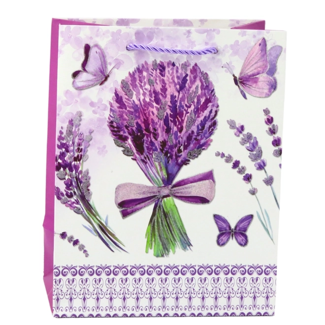 Papiergeschenktasche mit Lavendelmotiv und glitzernden Elementen