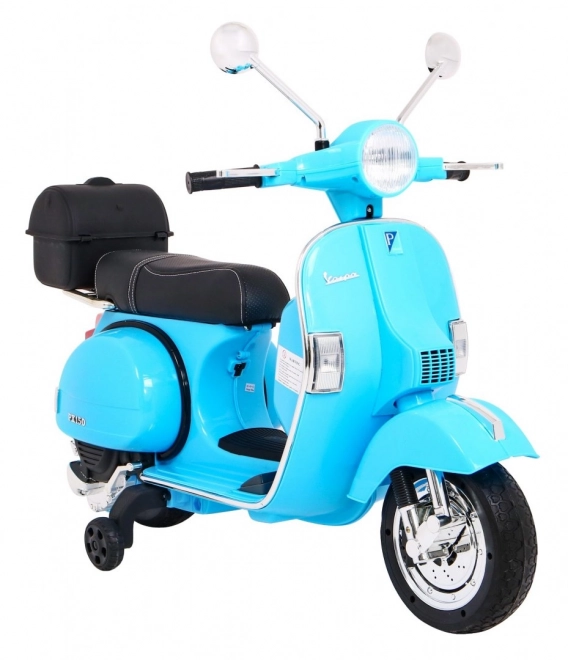 Elektrischer Kinderroller Vespa Blau mit Stützrädern, Audio und EVA