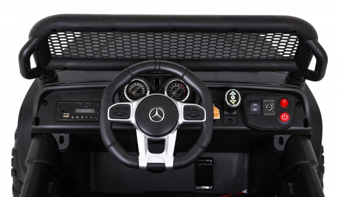 Mercedes Benz Unimog für Kinder schwarz + Antrieb 4x4 + Fernbedienung + Kofferraum + langsamer Start + MP3 LED