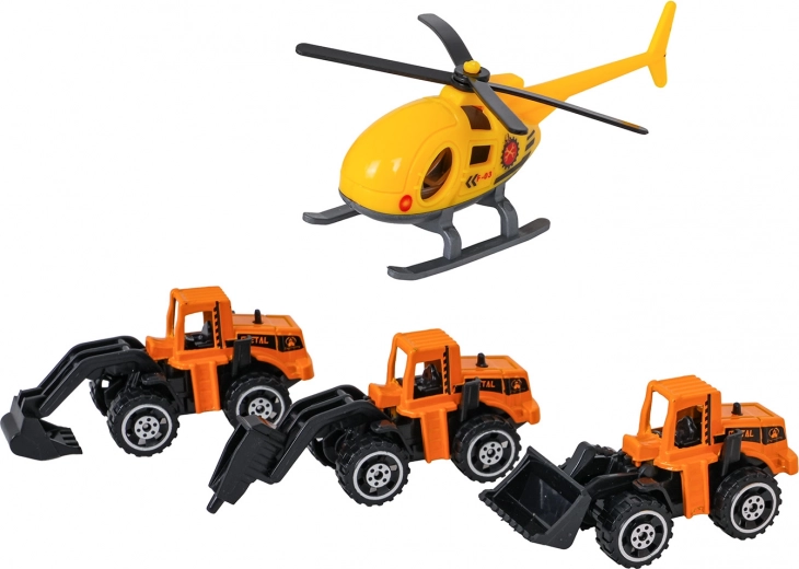 3 Metall-Baufahrzeuge und Helikopter