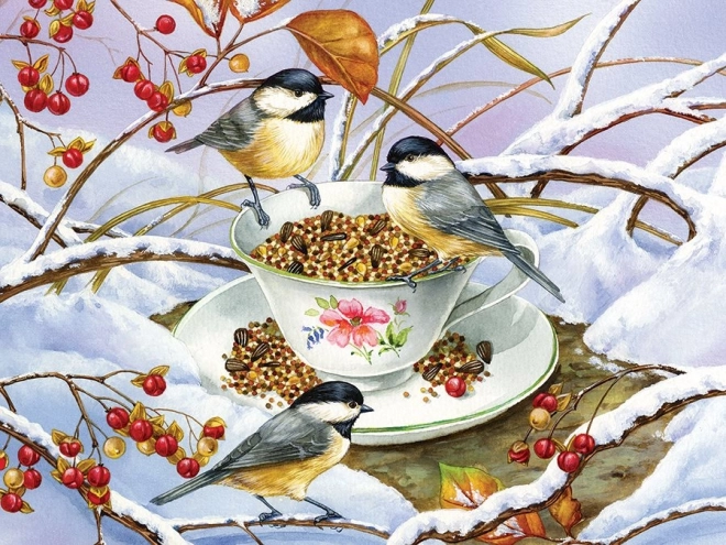 Zauberhaftes Wintermotiv Meisen beim Tee