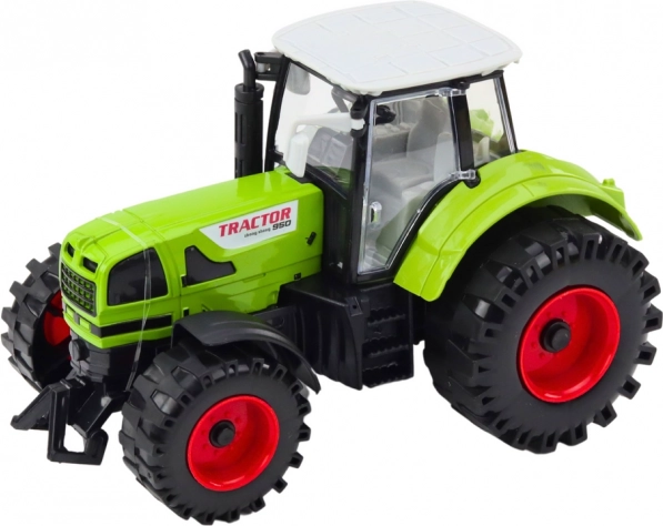 Traktor mit Anhänger, Schwungrad-Antrieb, aufklappbare Motorhaube und Türen, grün