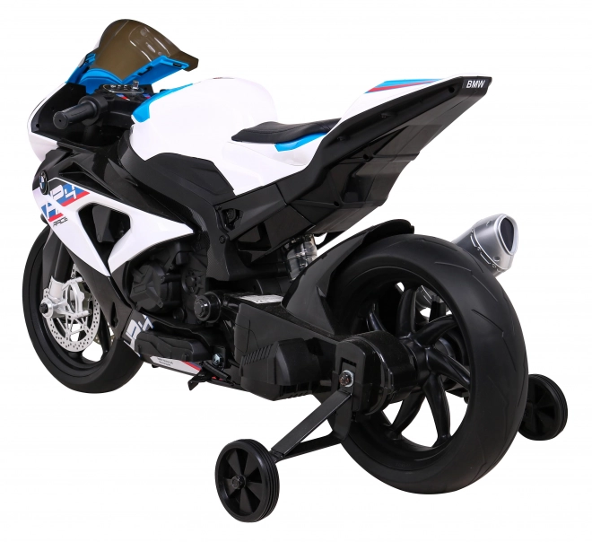 Kinder-Elektromotorrad BMW HP4 Weiß + Stützräder + sanfter Start + EVA + MP3 LED