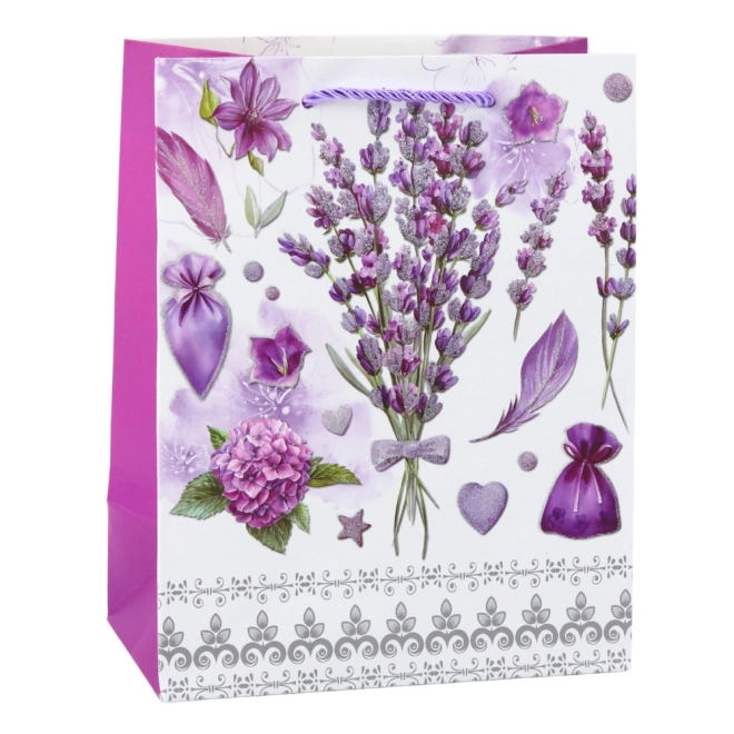Papiergeschenktasche mit Lavendelmotiv und glitzernden Elementen