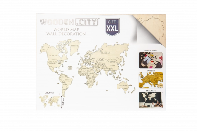 Holz-Wandkarte der Welt 3D XXL in Naturfarbe