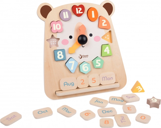 Holzuhr für Lernzwecke, Bär Classic World 3-in-1 zur Vermittlung von Zeit, Rechnen und Daten