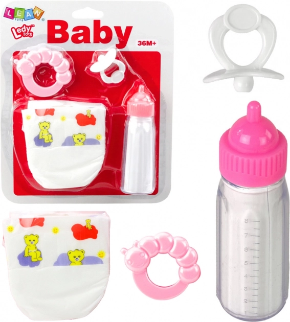 Set mit Zubehör für Puppen mit Flasche, Schnuller, Windel und Rassel