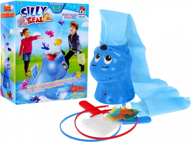 Fröhlicher Seehund mit Fischchen für Kinder 3+ Angelspiel + 2 Fangnetze + 30 Fischchen + Folienschlot