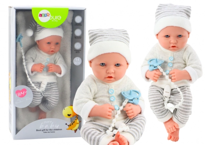 Baby Puppe mit Weiß-Grauem Streifen Outfit