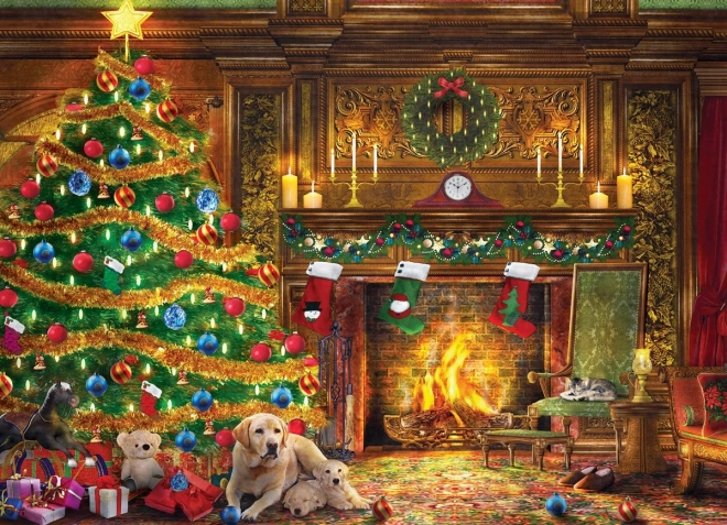Puzzle Labradoodle bei Weihnachtsbaum 1000 Teile