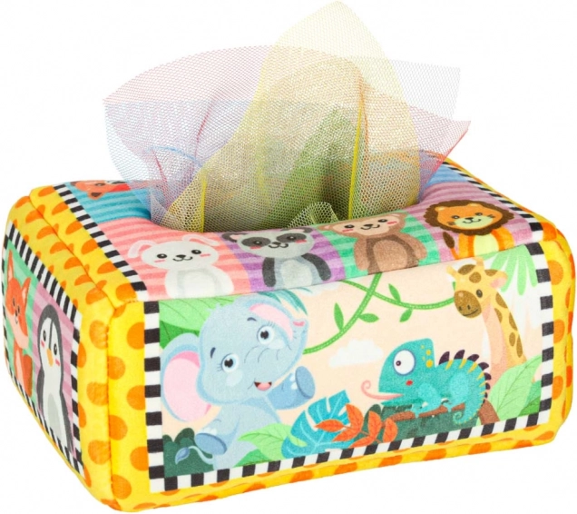 Montessori-Sensorikbox mit bunten Taschentüchern und Tierchen