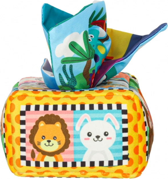 Montessori-Sensorikbox mit bunten Taschentüchern und Tierchen