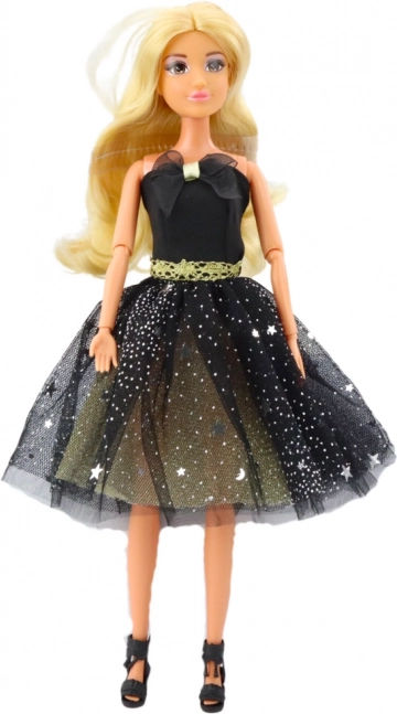 Puppe Anlily schwarz-goldenes Abendkleid, bewegliche Gliedmaßen, blonde Haare